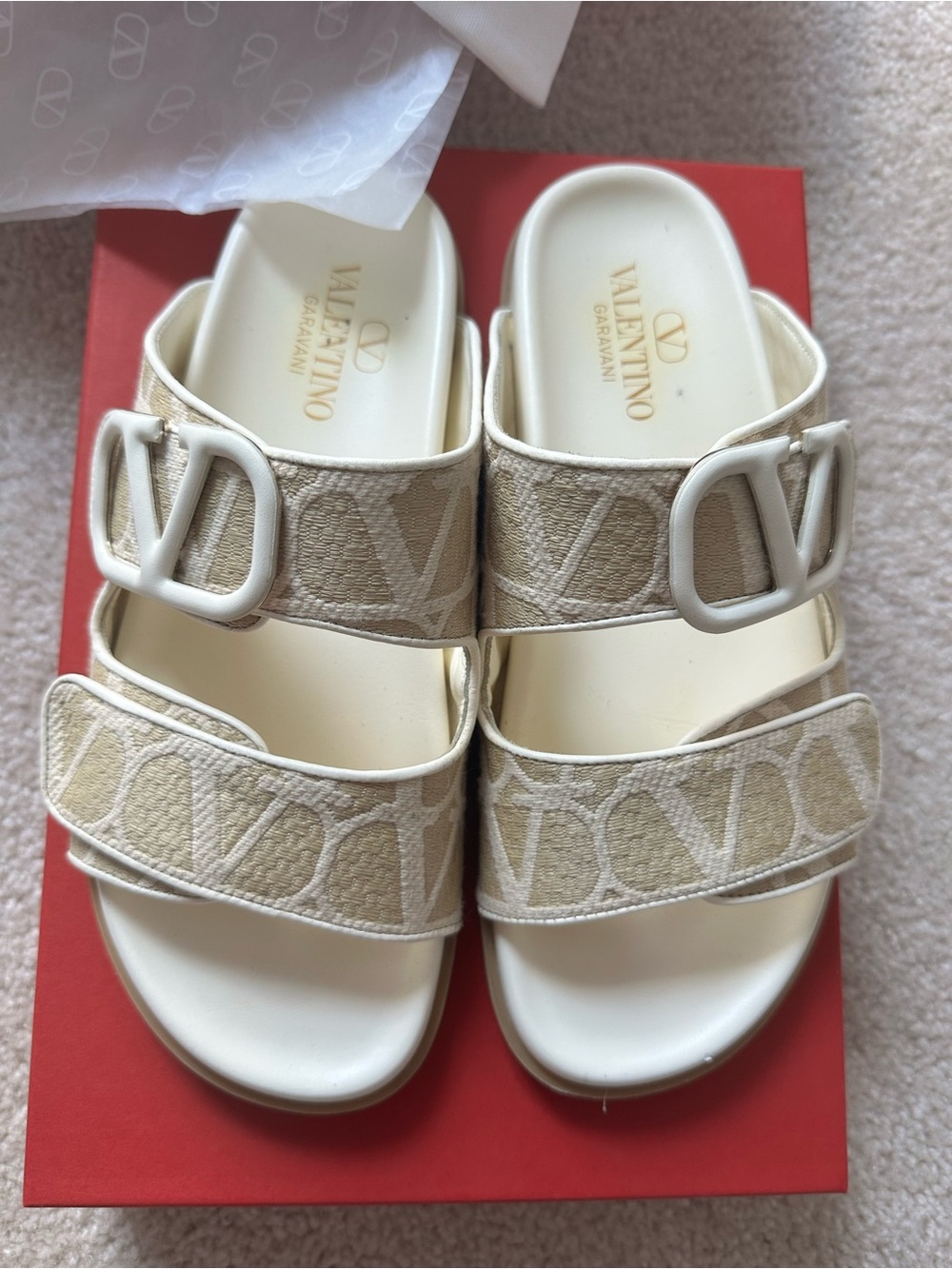 Valentino Garavani Beige Cream Logo-Print Double Strap Sandals